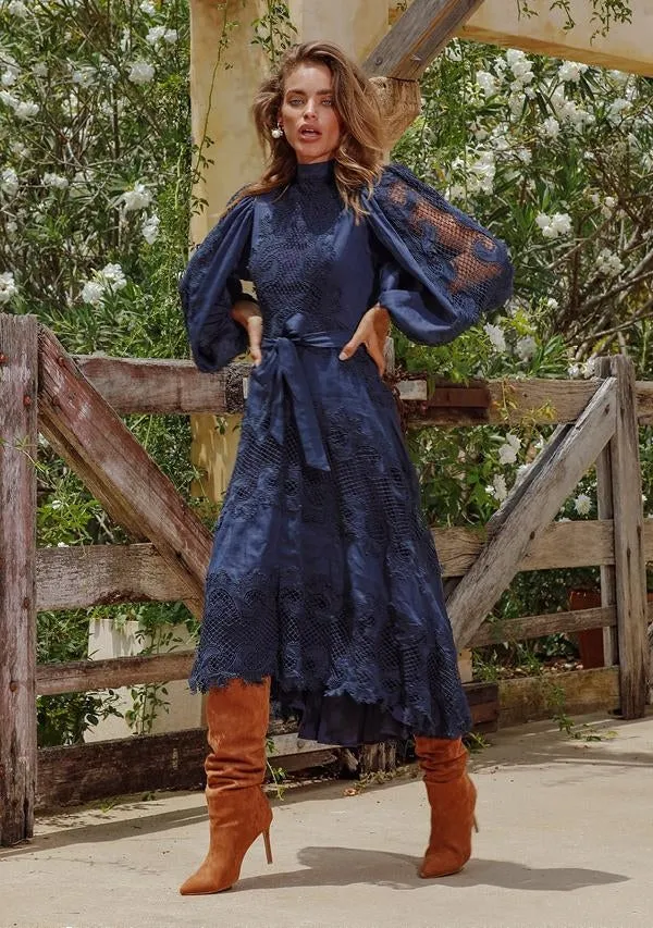 Victoriana Lace Midi Dress - Indigo