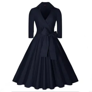 Vintage Hepburn Dress Female V-neck Solid 3/4 Sleeve Solid Ball gown Dress Women Casual Party Dresses size S M L XL XXL