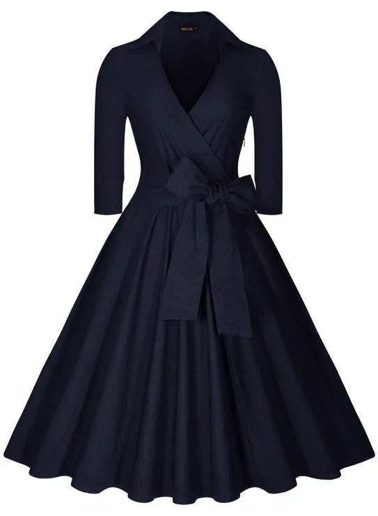 Vintage Hepburn Dress Female V-neck Solid 3/4 Sleeve Solid Ball gown Dress Women Casual Party Dresses size S M L XL XXL