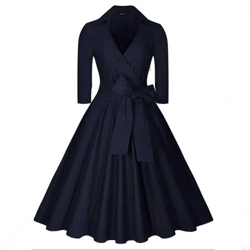 Vintage Hepburn Dress Female V-neck Solid 3/4 Sleeve Solid Ball gown Dress Women Casual Party Dresses size S M L XL XXL