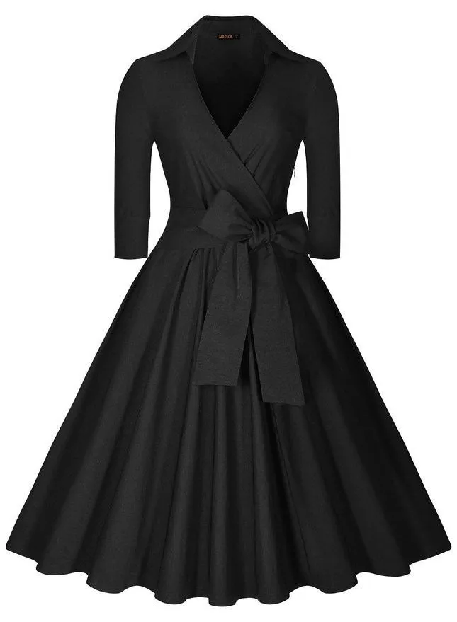 Vintage Hepburn Dress Female V-neck Solid 3/4 Sleeve Solid Ball gown Dress Women Casual Party Dresses size S M L XL XXL