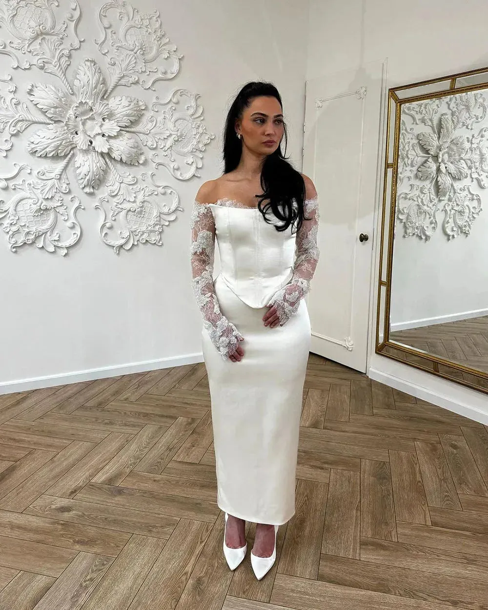 Vintage Lace Long Sleeves Wedding Dresses Off The Shoulder Mermaid Bridal Dresses Ankle Length Formal Brides Gowns