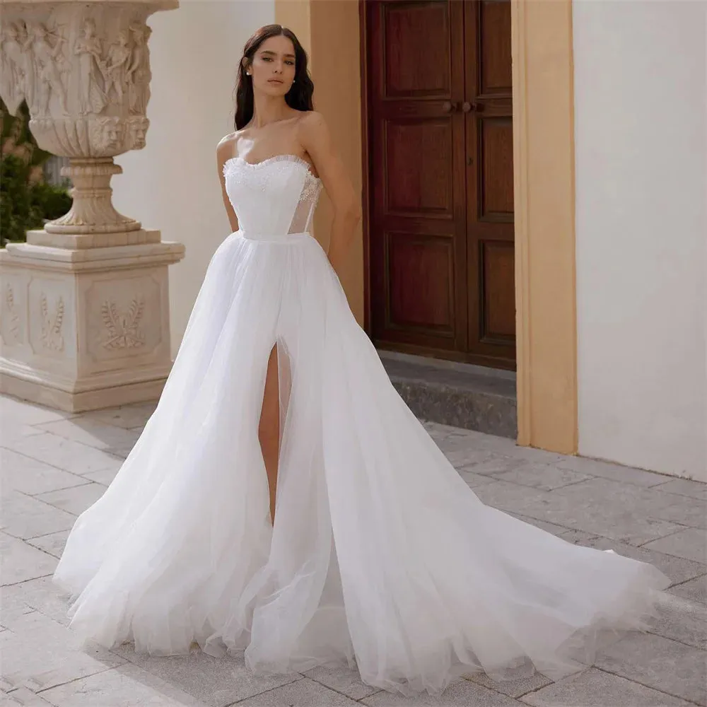 Vintage Wedding Dresses White Tulle Lace Beads Wedding Gowns Split Side Vestidos de Noiva Beach Women Bride Dress Sash 2025