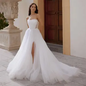 Vintage Wedding Dresses White Tulle Lace Beads Wedding Gowns Split Side Vestidos de Noiva Beach Women Bride Dress Sash 2025