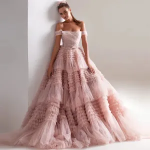 VougeVamp Light Pink Ball Gown Evening Dress - Off-Shoulder Tulle A-Line Prom Gown with Sweep Train