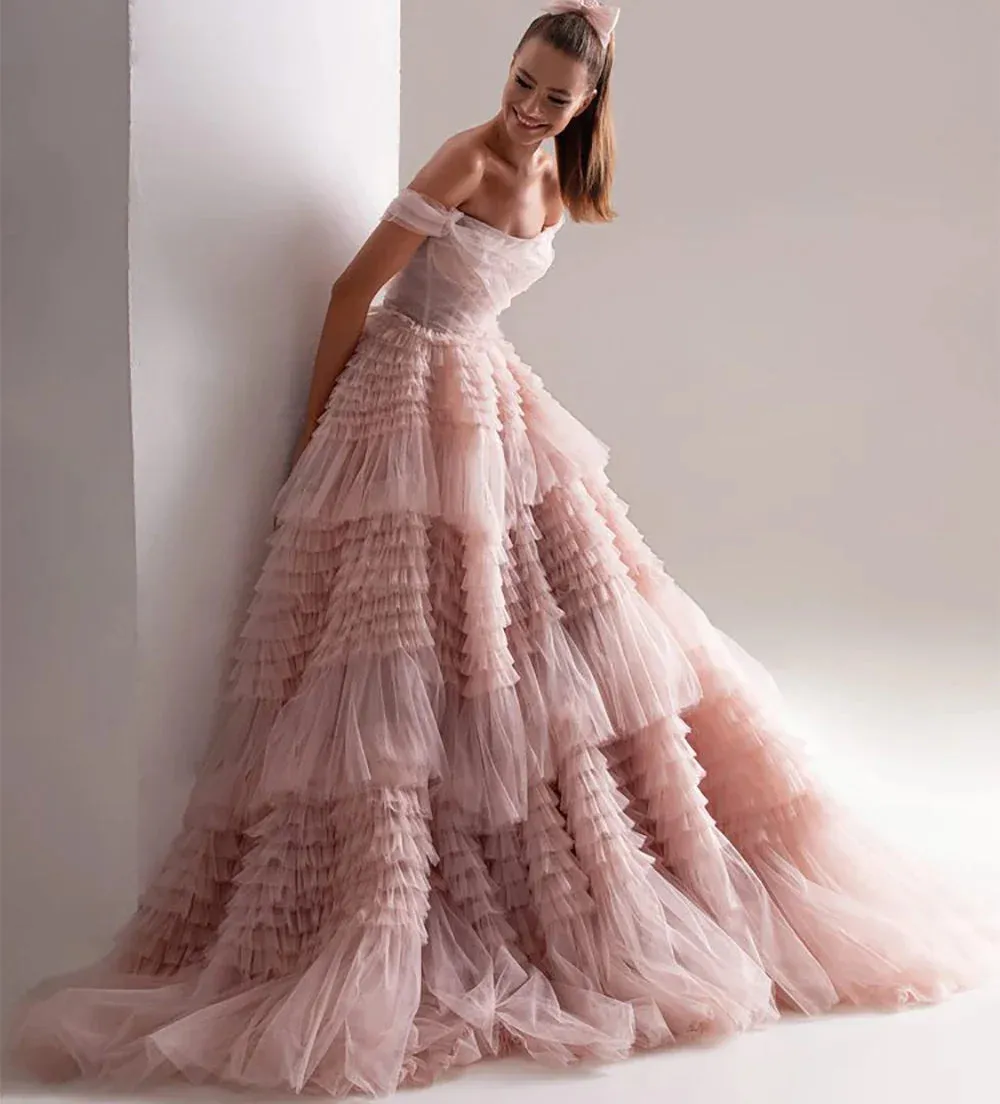 VougeVamp Light Pink Ball Gown Evening Dress - Off-Shoulder Tulle A-Line Prom Gown with Sweep Train
