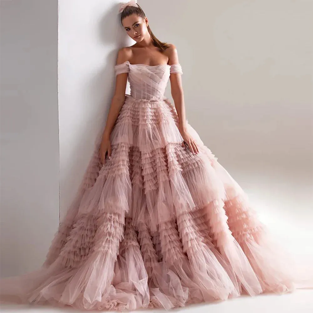 VougeVamp Light Pink Ball Gown Evening Dress - Off-Shoulder Tulle A-Line Prom Gown with Sweep Train