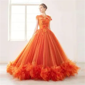 VougeVamp Princess Orange Ball Gown Evening Dress - O-Neck 3D Flower A-Line Prom Gown