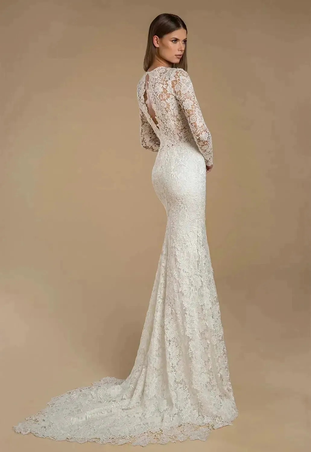 Wedding Dresses Jewel Long Sleeves Lace Appliques Bridal Gowns Custom Made Button Back Sweep Train Mermaid Wedding Dress