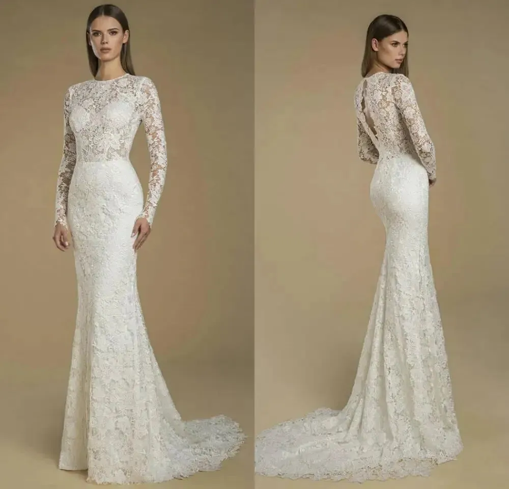 Wedding Dresses Jewel Long Sleeves Lace Appliques Bridal Gowns Custom Made Button Back Sweep Train Mermaid Wedding Dress