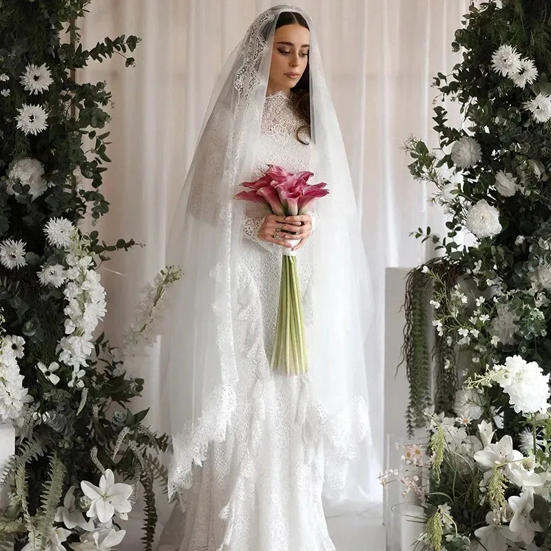 White A-Line Wedding Dresses Long Sleeve High Neck Lace Ruffled Bride Dress Boho Beach Wedding Prom Gowns Custom Made