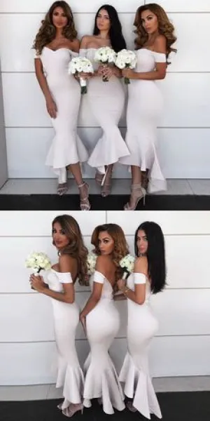white bridesmaid dresses for weddings off the shoulder mermaid cheap custom wedding guest dress