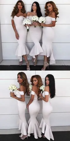 white bridesmaid dresses for weddings off the shoulder mermaid cheap custom wedding guest dress