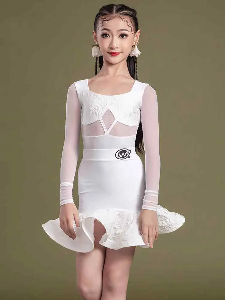 White Flowers Lace Latin Dance Dresses for Girls Kids Children Salsa Rumba Samba Chacha Performance Outfits Party Ball Gown for Kids