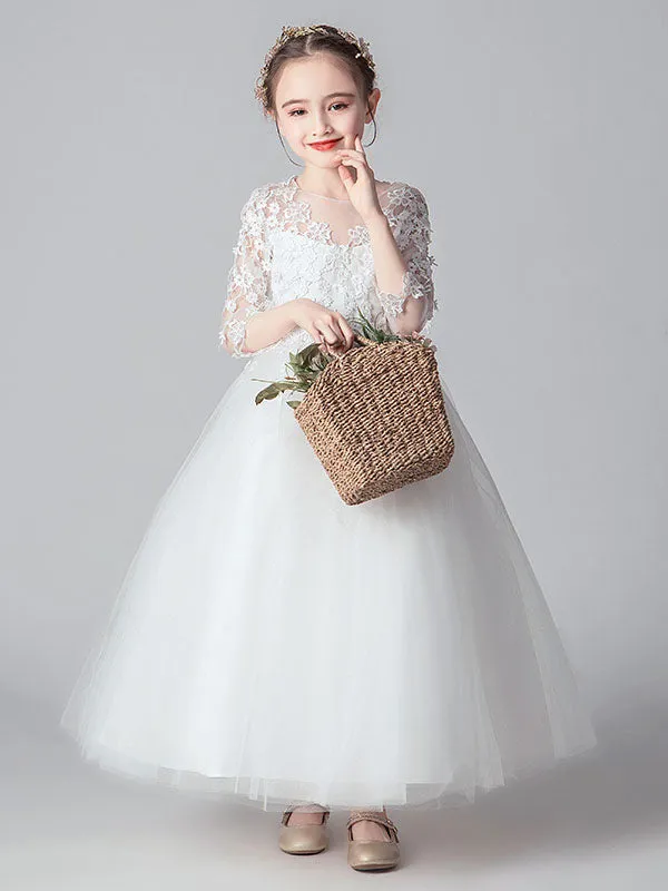 White Jewel Neck Tulle Ankle-Length Princess Dress Cut Out Formal flower girl dresses