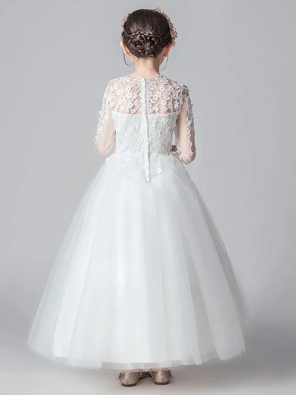 White Jewel Neck Tulle Ankle-Length Princess Dress Cut Out Formal flower girl dresses