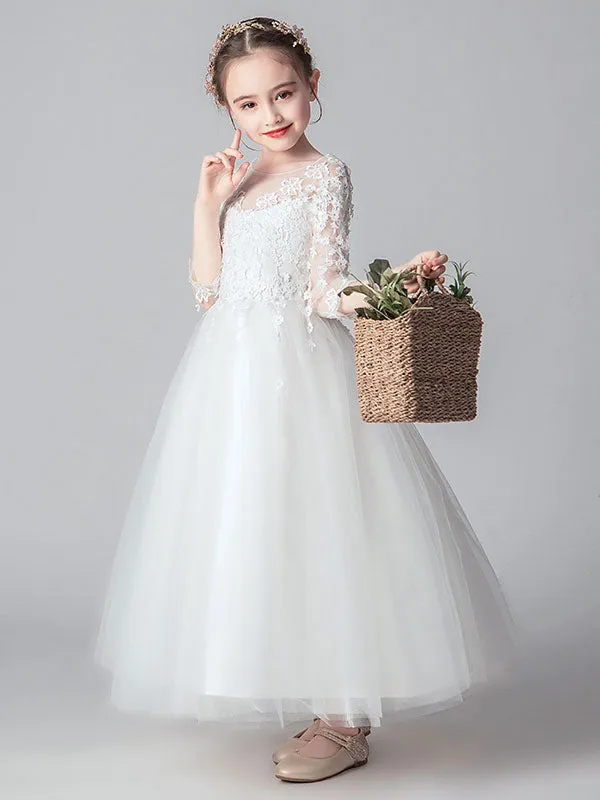 White Jewel Neck Tulle Ankle-Length Princess Dress Cut Out Formal flower girl dresses