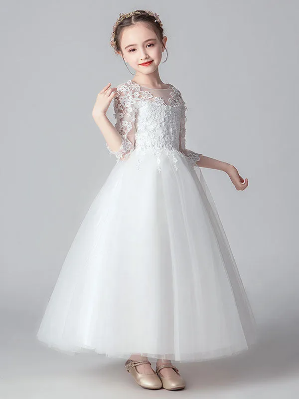 White Jewel Neck Tulle Ankle-Length Princess Dress Cut Out Formal flower girl dresses