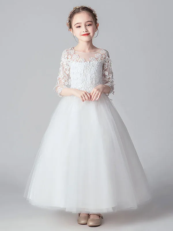 White Jewel Neck Tulle Ankle-Length Princess Dress Cut Out Formal flower girl dresses