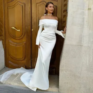 White Mermaid Wedding Dresses Off The Shoulder Long Sleeve Bride Dress Boho Beach Simple Wedding Prom Gowns Custom Size