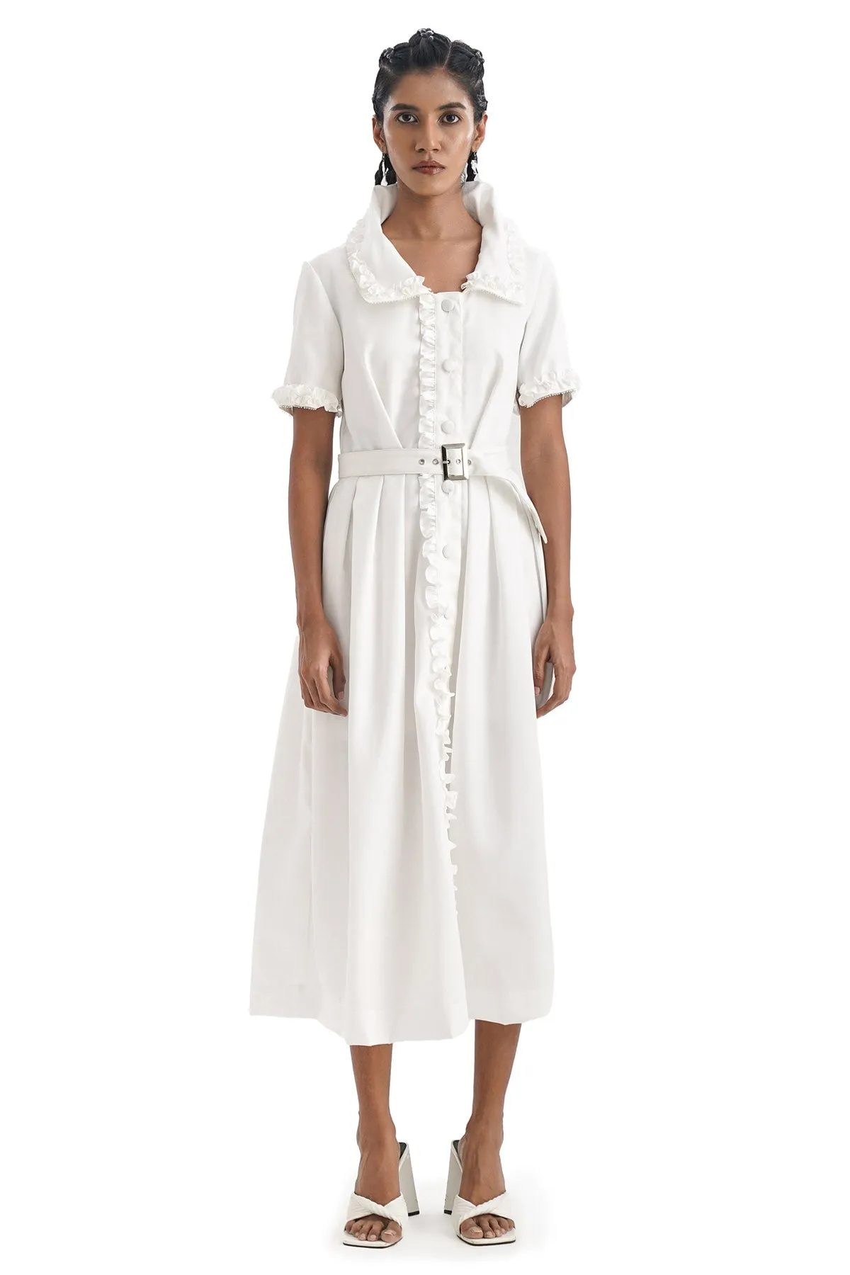 White Ruffled Midi Cotton Dress