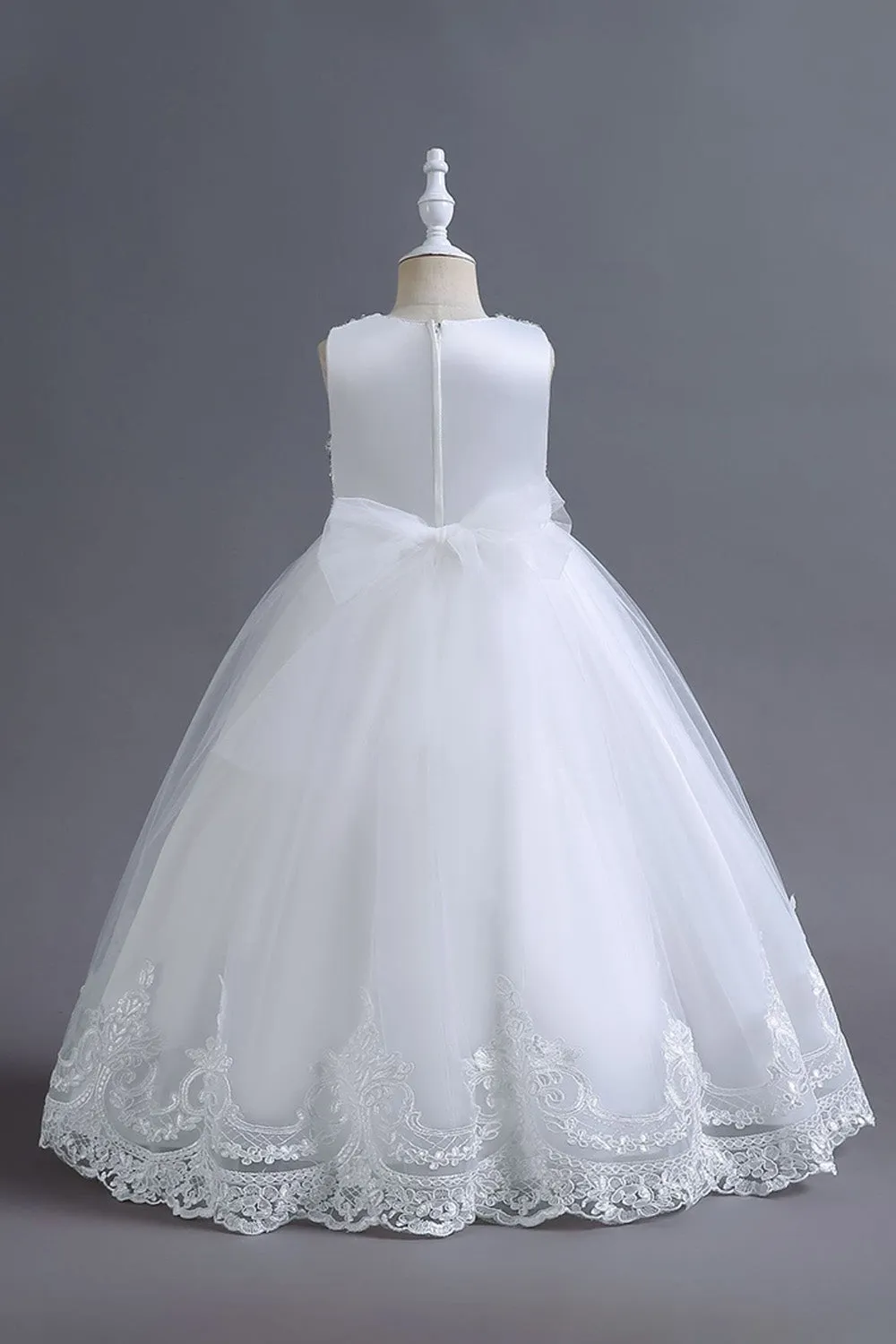 White Sequins Lace A Line Girls Dresses With Bow