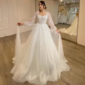 White Wedding Dresses Sweetheart Appliques Bridal Dress Puff Sleeve Tulle A-Line Princess Wedding Gowns Plus Size