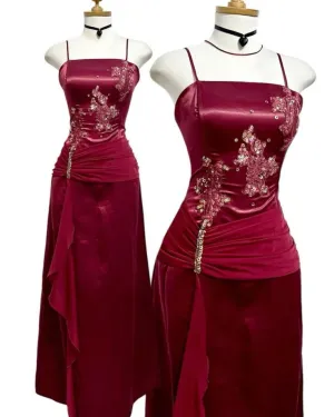 Wine Red Straps Sheath Satin Long Party Dress Vintage Evening Dress, D738