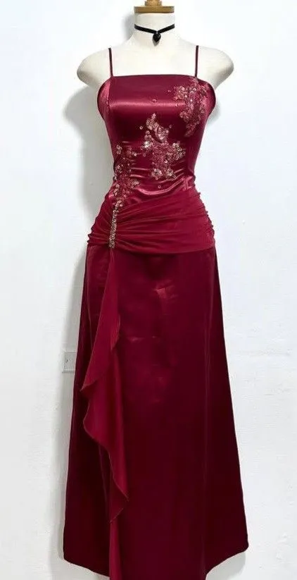 Wine Red Straps Sheath Satin Long Party Dress Vintage Evening Dress, D738