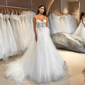 Women A-Line Wedding Dresses Spaghetti Straps Appliques Lace Long Bride Dress Boho Beach Wedding Prom Gowns Custom Size