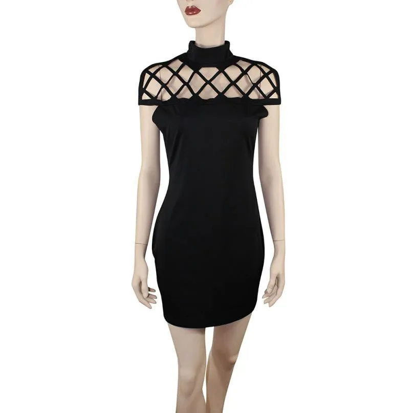 Women Dress Hollow Out Holes Turtleneck Bodycon Sheath Mini Dress Womens Dresses Party Night Club Dress