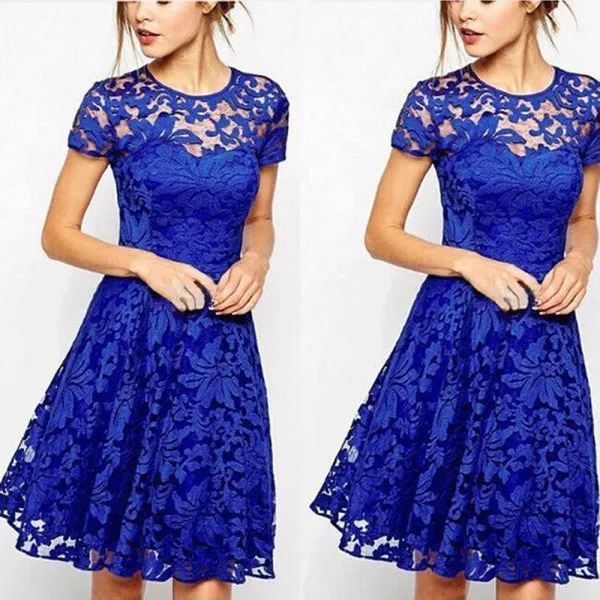 Women Floral Lace Dresses Short Sleeve Party Casual Color Blue Red Black Mini Dress
