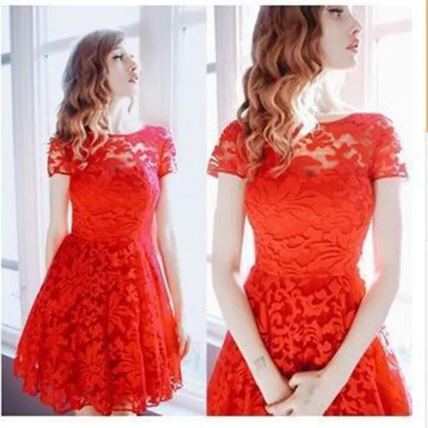 Women Floral Lace Dresses Short Sleeve Party Casual Color Blue Red Black Mini Dress