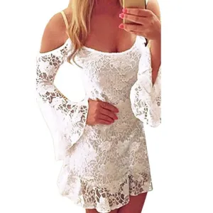 Women Lace Off Shoulder Long Sleeve Dress Bodycon Bandage Casual Mini Dresses Party