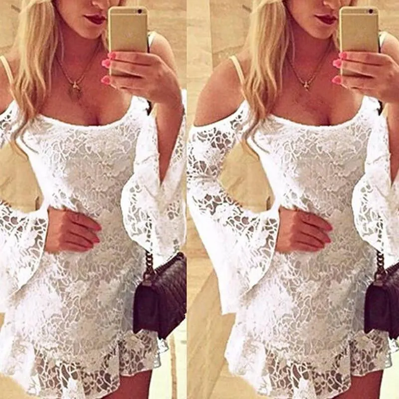 Women Lace Off Shoulder Long Sleeve Dress Bodycon Bandage Casual Mini Dresses Party