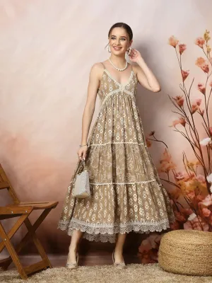 Women's Beige Ikat Printed Rayon Tiered Dress-DRSBEIGEBOAT
