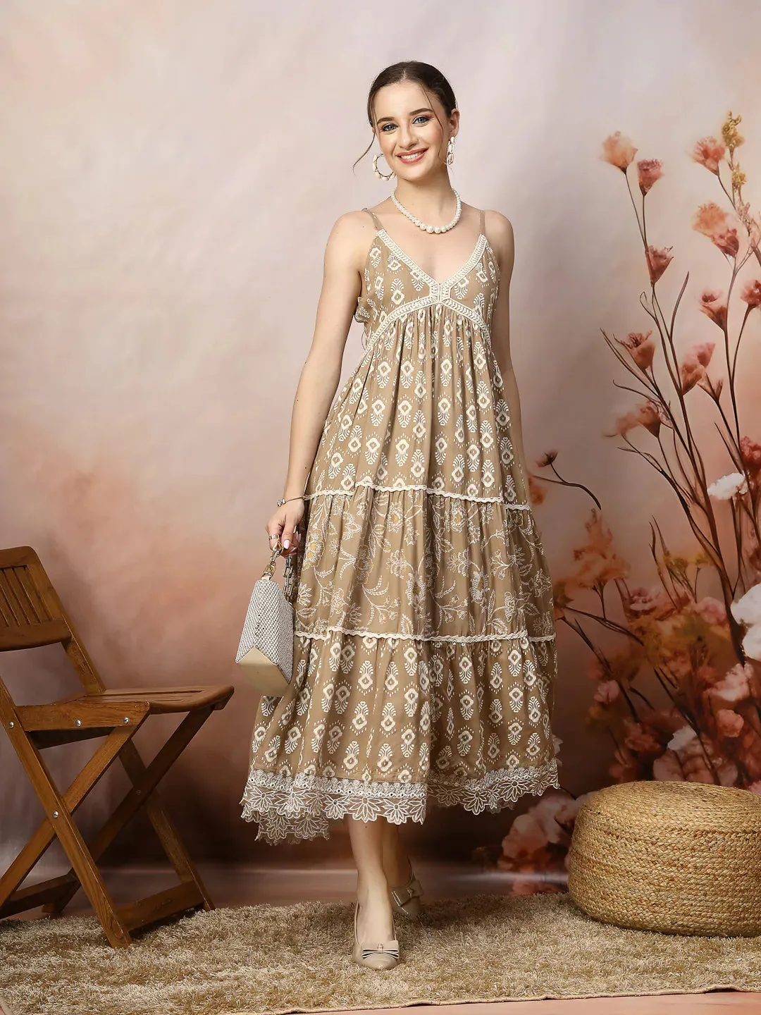Women's Beige Ikat Printed Rayon Tiered Dress-DRSBEIGEBOAT