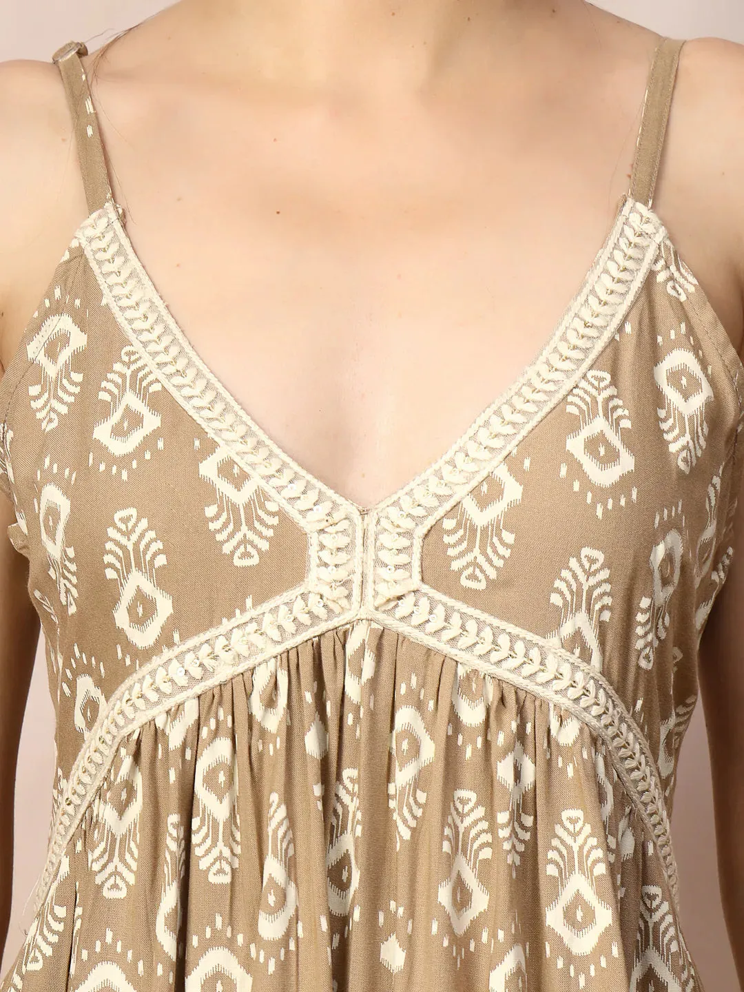 Women's Beige Ikat Printed Rayon Tiered Dress-DRSBEIGEBOAT