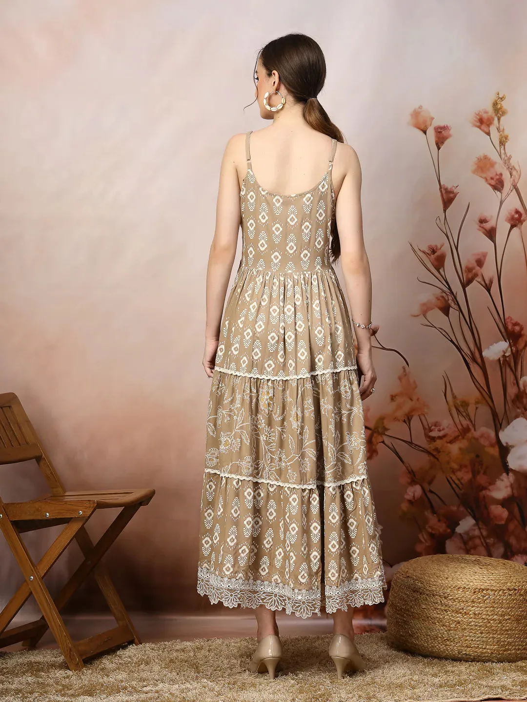 Women's Beige Ikat Printed Rayon Tiered Dress-DRSBEIGEBOAT