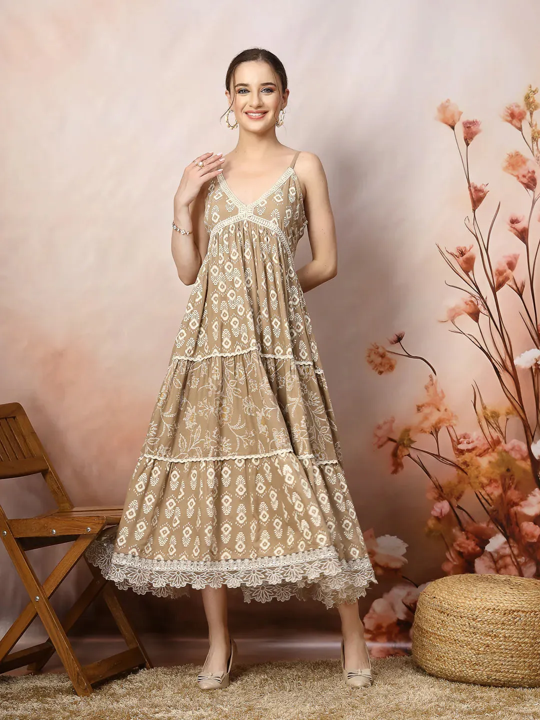 Women's Beige Ikat Printed Rayon Tiered Dress-DRSBEIGEBOAT