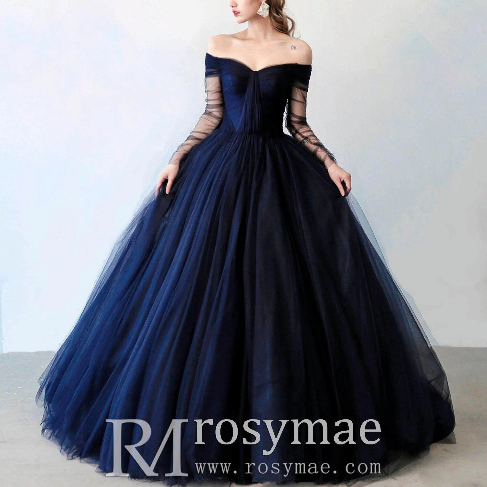 Womens Navy Blue Dresses for Wedding with Off Shoulder Long Sleeves