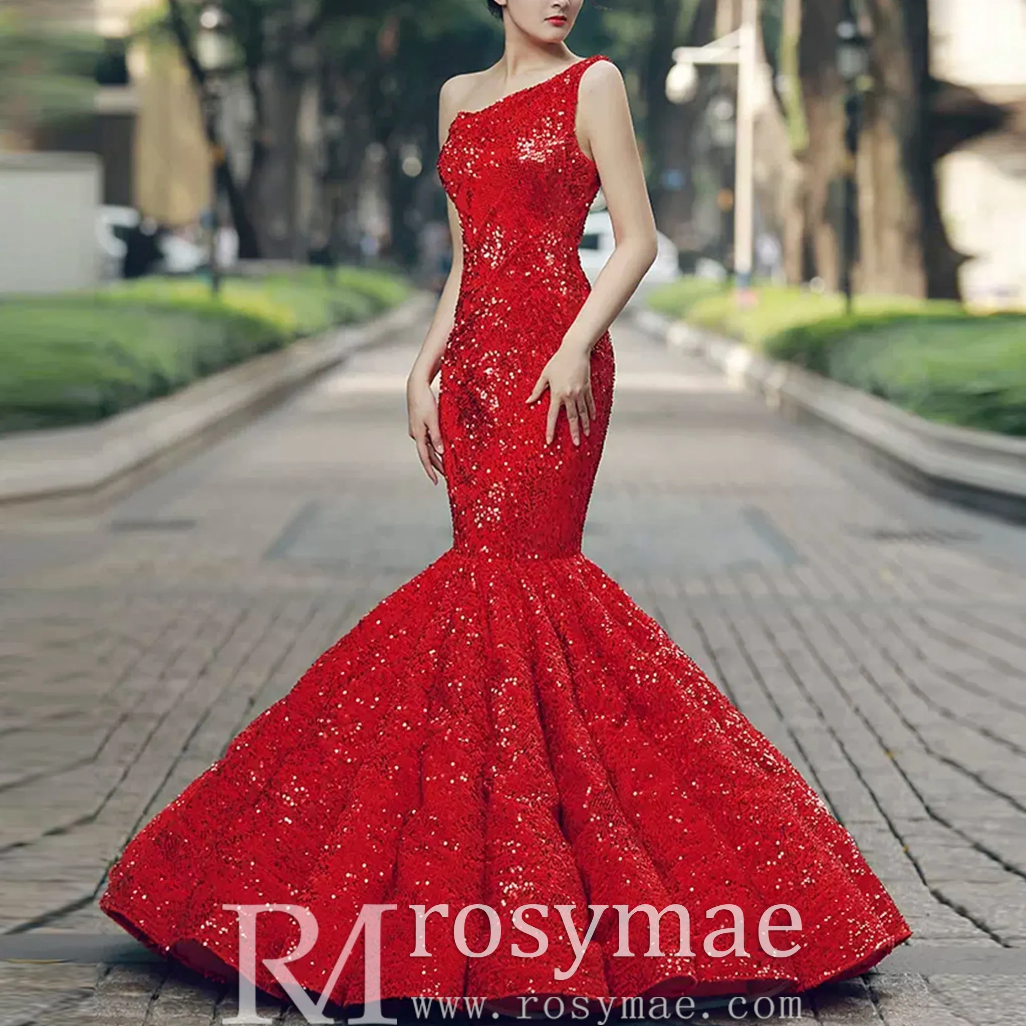 Women's Red Sequin Mermaid Prom Dresses with One Shoulder