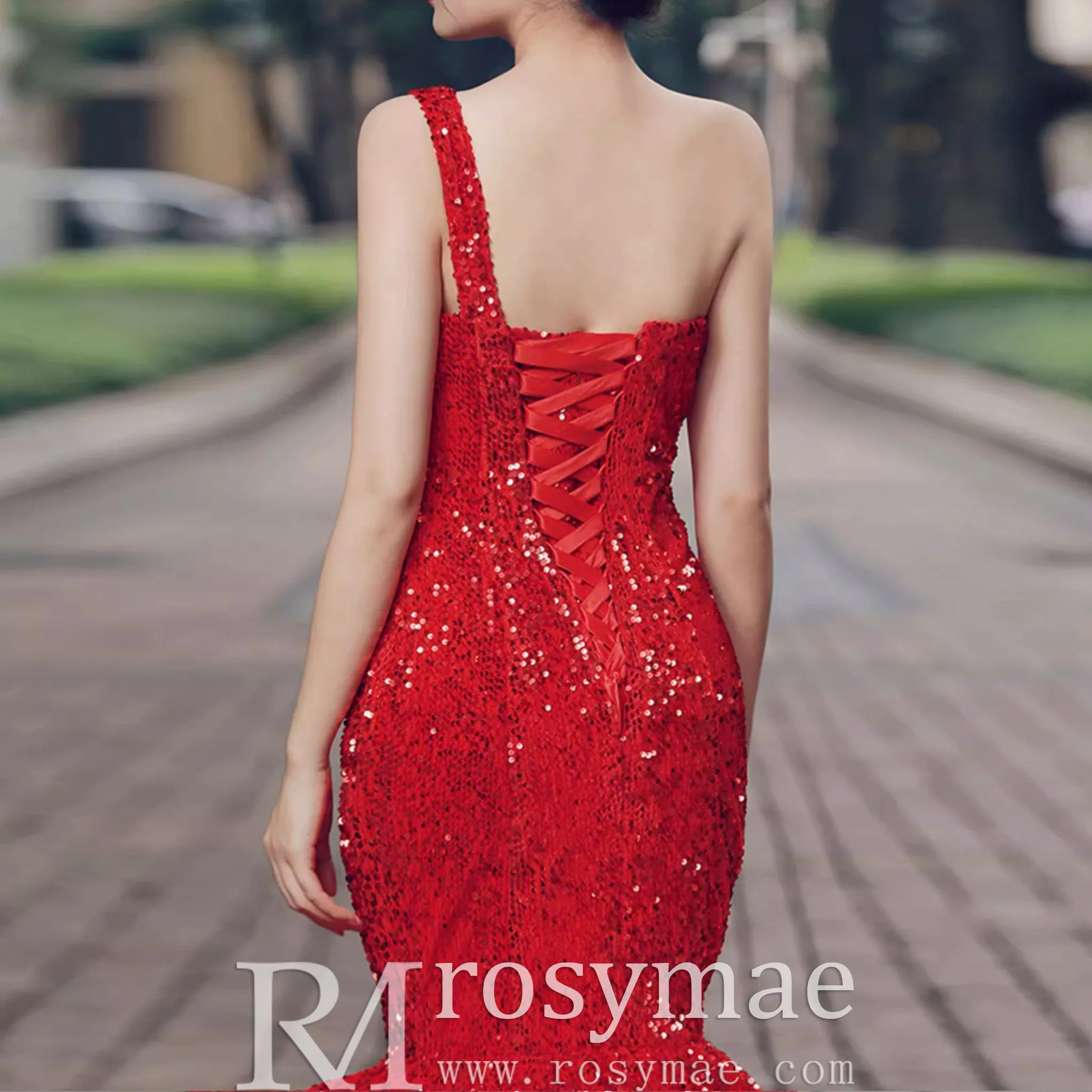 Women's Red Sequin Mermaid Prom Dresses with One Shoulder