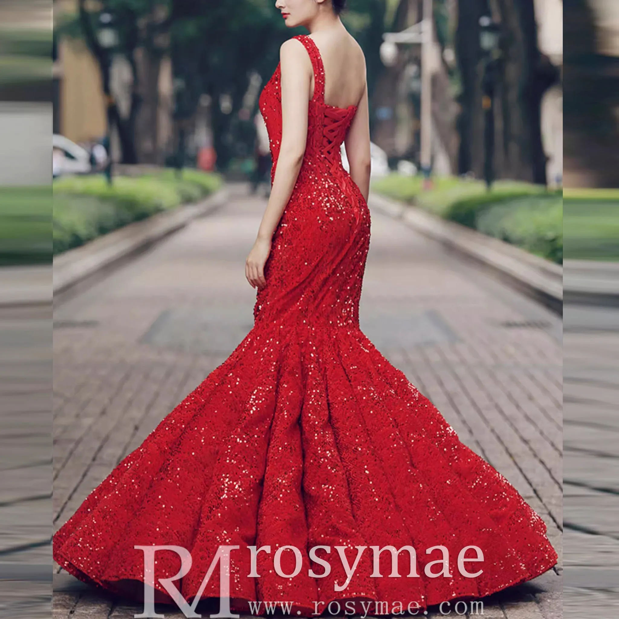 Women's Red Sequin Mermaid Prom Dresses with One Shoulder