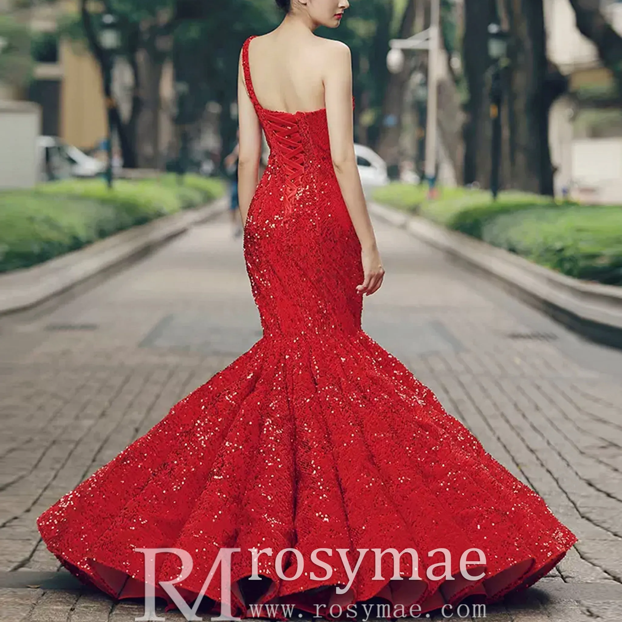 Women's Red Sequin Mermaid Prom Dresses with One Shoulder