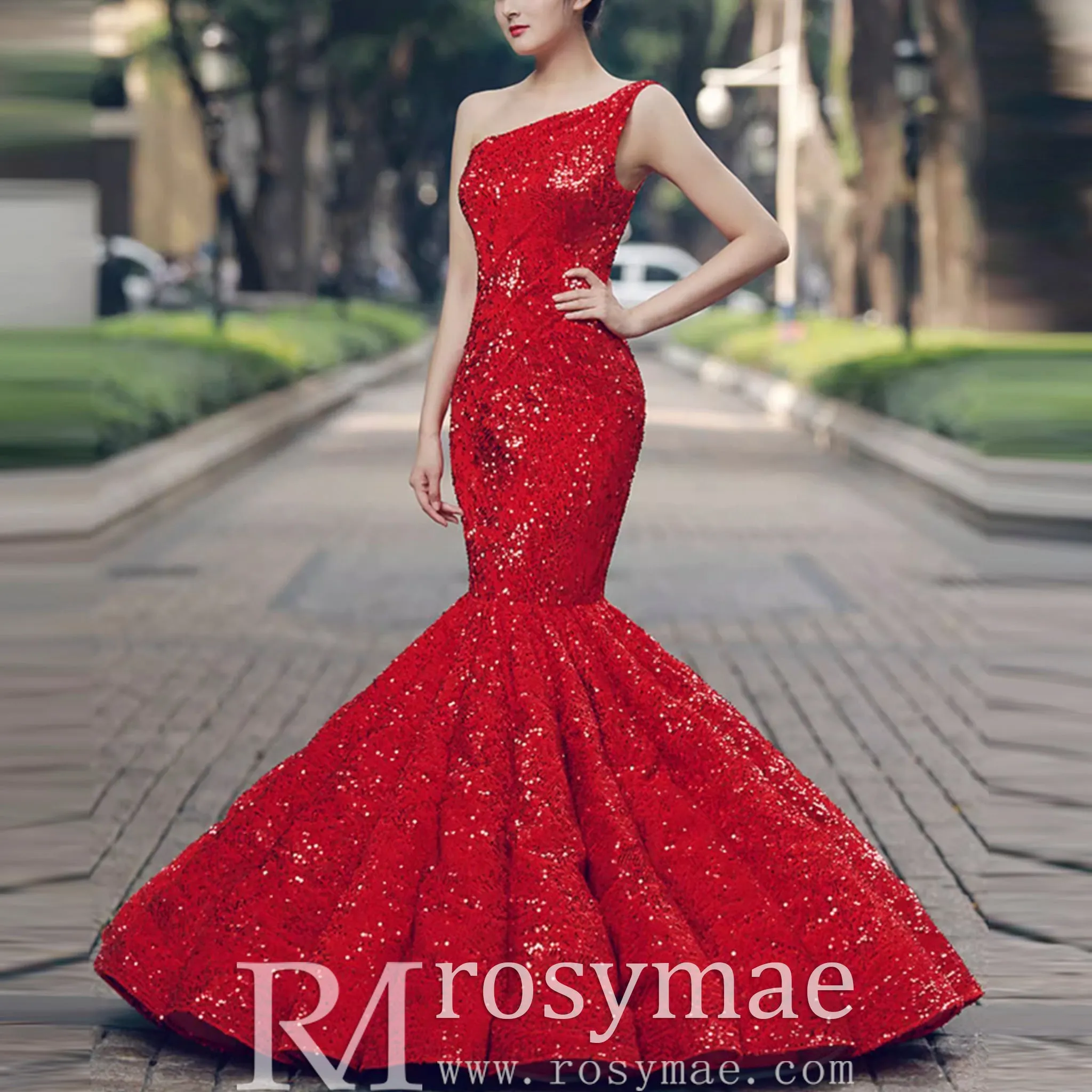 Women's Red Sequin Mermaid Prom Dresses with One Shoulder