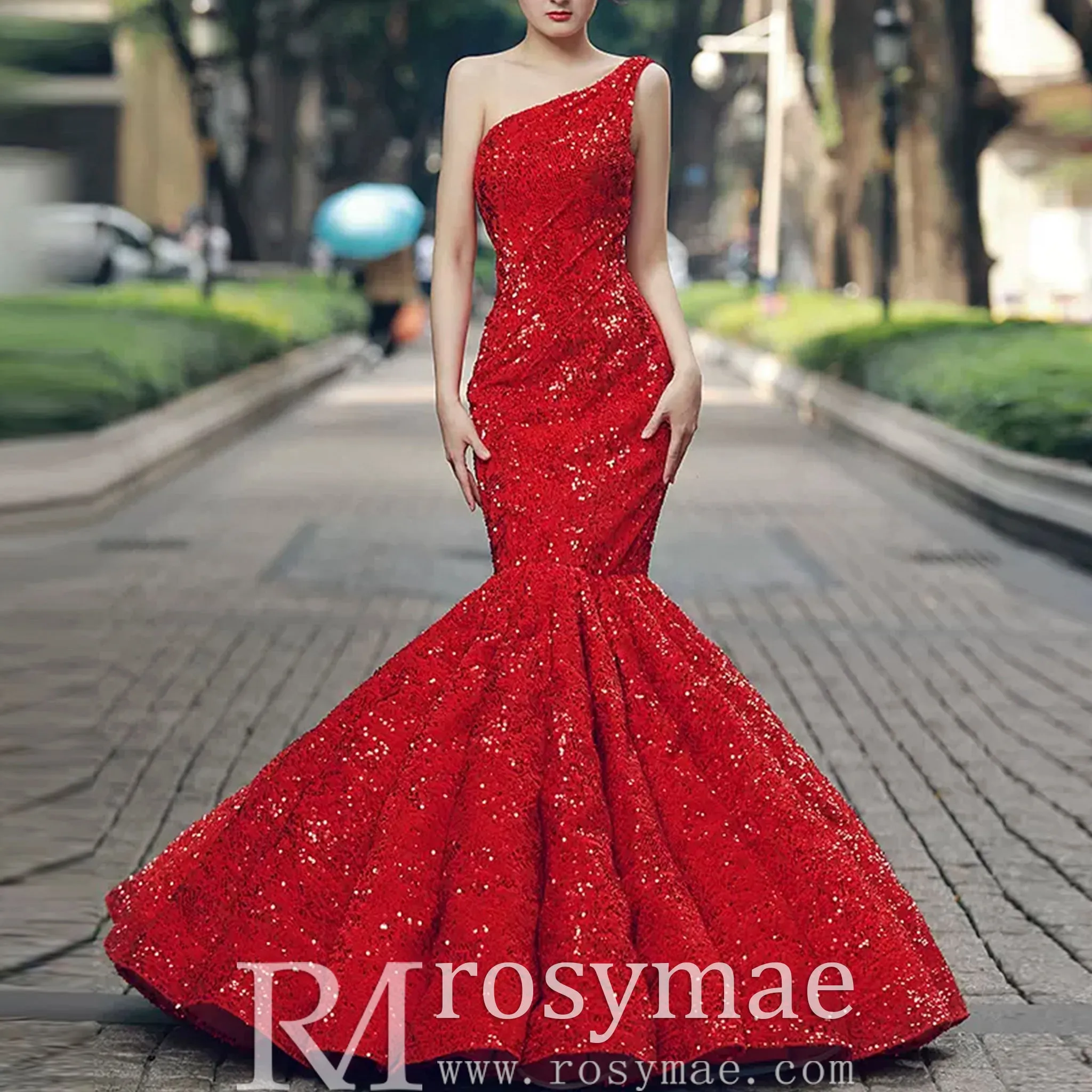 Women's Red Sequin Mermaid Prom Dresses with One Shoulder
