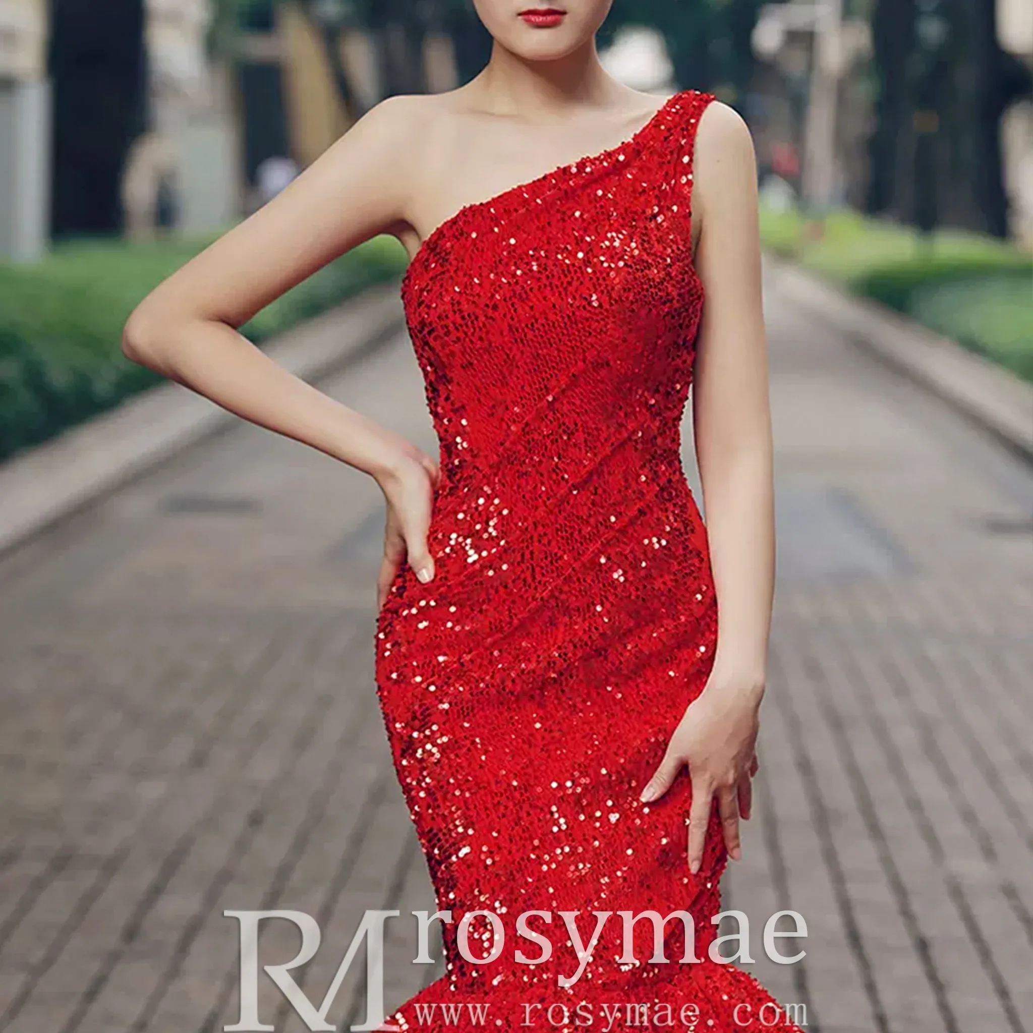 Women's Red Sequin Mermaid Prom Dresses with One Shoulder
