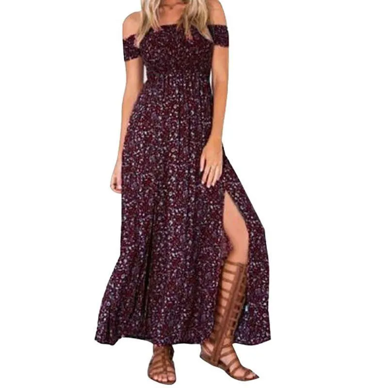 Women's Vintage Dress Floral Print Off Shoulder Split Tube Long Party Maxi Dress Beach Dresses