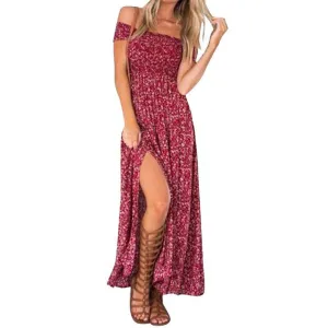 Women's Vintage Dress Floral Print Off Shoulder Split Tube Long Party Maxi Dress Beach Dresses